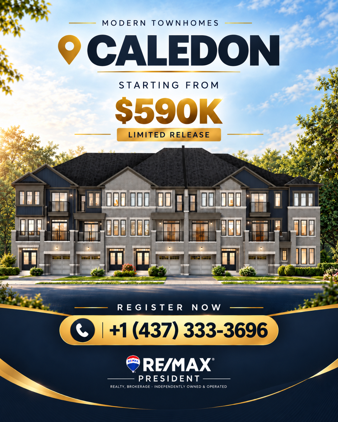 Illustrative rendering of contemporary brick townhomes with private garages and landscaped front gardens